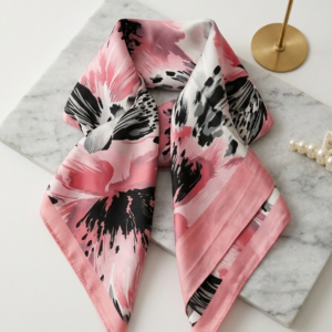 Μαντηλι Satin-Feel με Floral Abstract σχεδιο- Pink & Grey